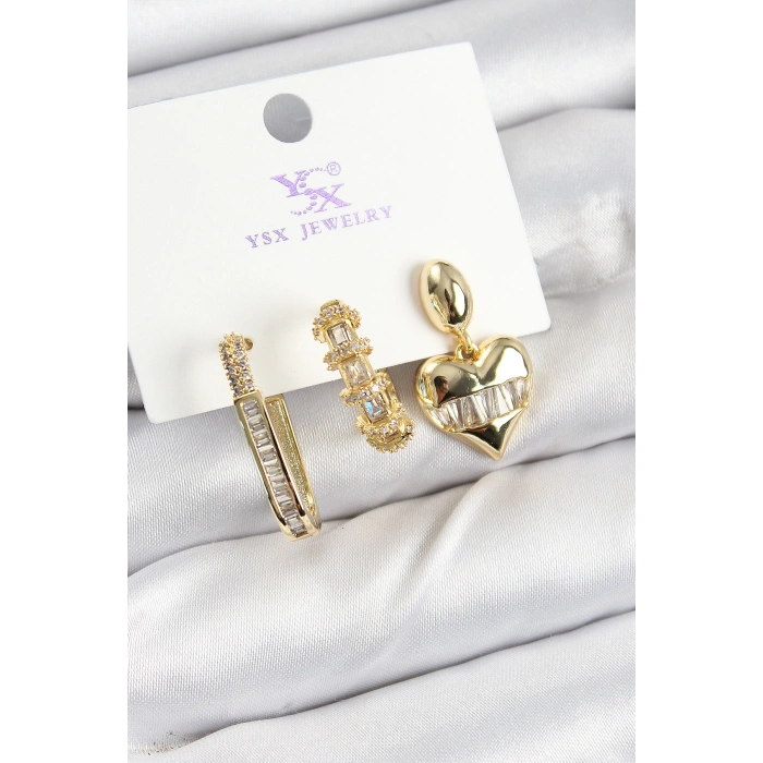 HEYF Pirinç Zİrkon Taşlı Kalp Model Gold Renk 3lü Kadın Küpe