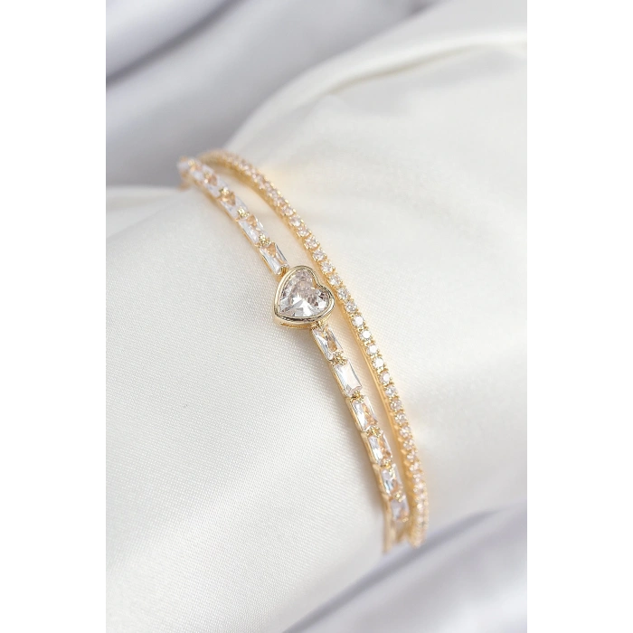 HEYF Pirinç Zirkon Taşlı Kalp Model Gold Renk Kadın Bileklik