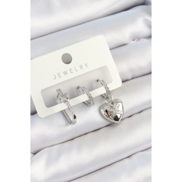 HEYF Pirinç Zirkon Taşlı Kalp Model Gümüş Renk 3lü Çift Kadın Küpe Set