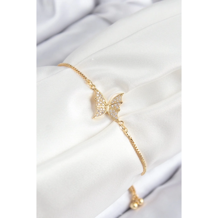 HEYF Pirinç Zirkon Taşlı Kelebek Model Gold Renk Asansörlü Kadın Bileklik