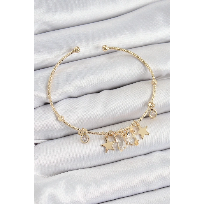 HEYF Pirinç Zirkon Taşlı Kelebek Ve Yıldız Model Gold Renk Charm Bileklik