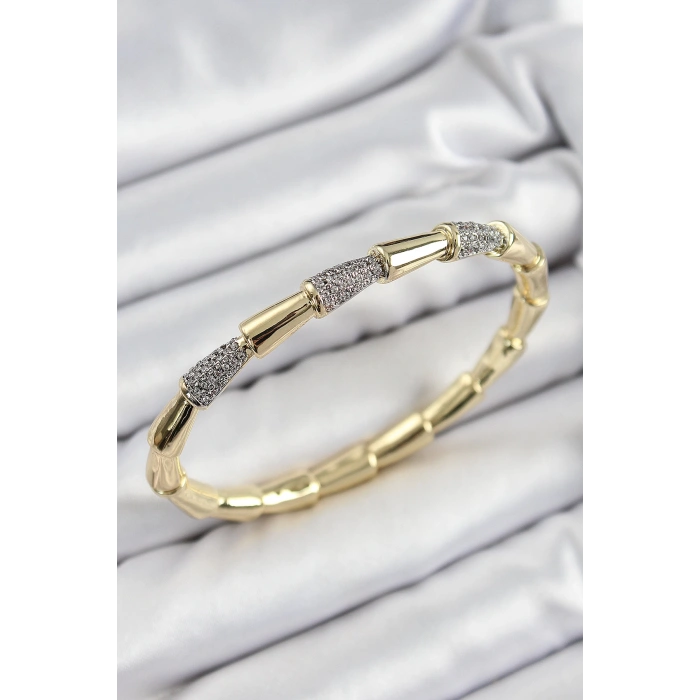 HEYF Pirinç Zirkon Taşlı Kemik Model Gold Renk Vip Kadın Bileklik