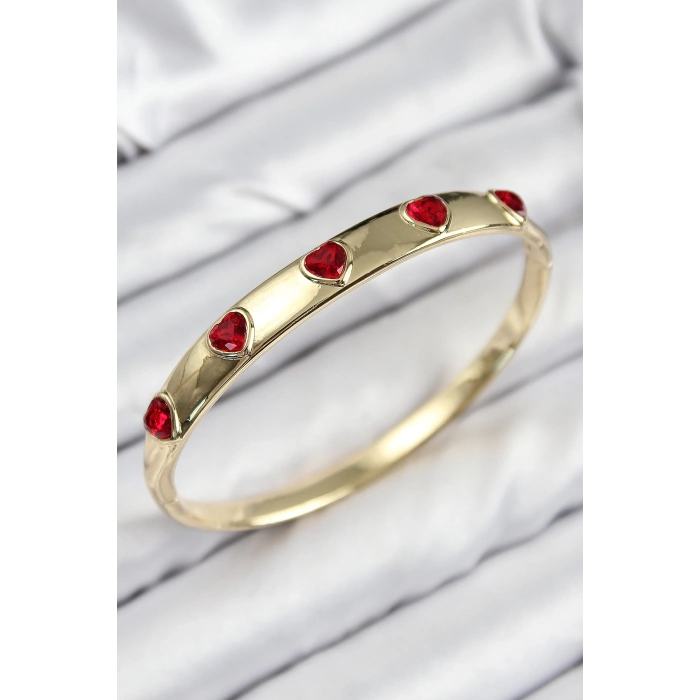 HEYF Pirinç Zirkon Taşlı Kırmızı Kalp Model Gold Renk Kadın Kelepçe