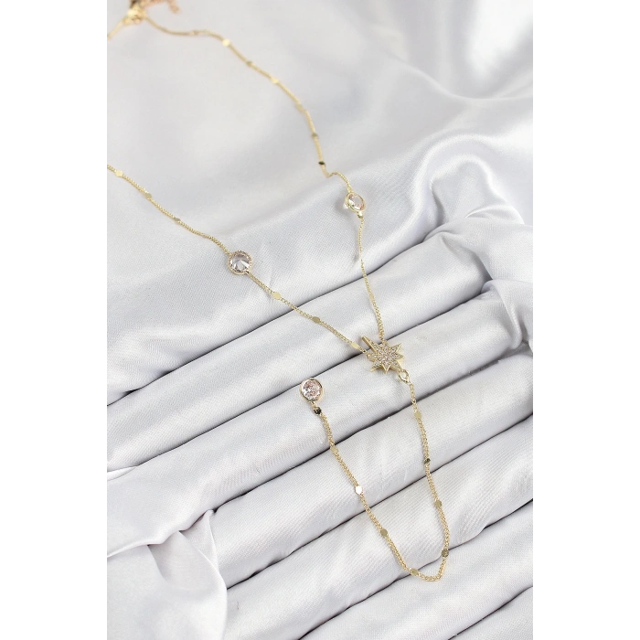 HEYF Pirinç Zirkon Taşlı Kutup Yıldızı Model Gold Renk Y Kolye