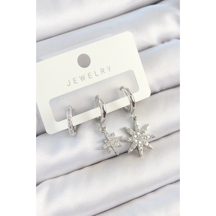 HEYF Pirinç Zirkon Taşlı Kutup Yıldızı Model Gümüş Renk 3lü Çift Kadın Küpe Set