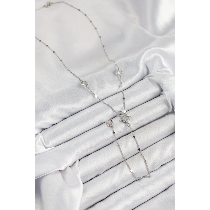 HEYF Pirinç Zirkon Taşlı Kutup Yıldızı Model Gümüş Renk Y Kolye