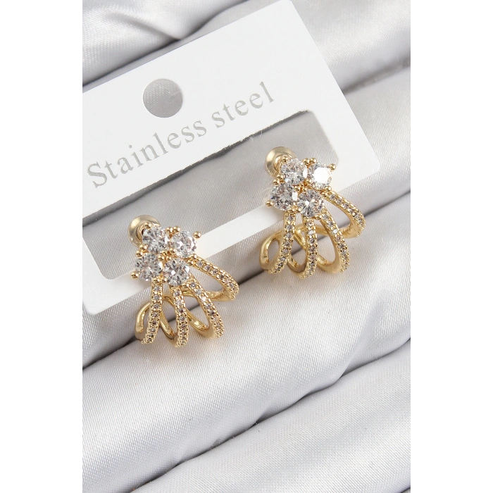 HEYF Pirinç Zirkon Taşlı Model Gold Renk Kadın Küpe