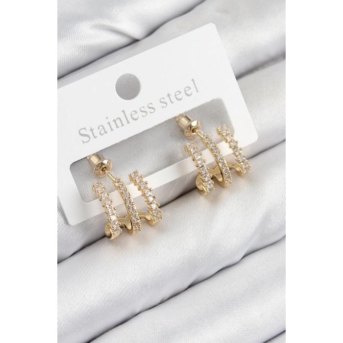 HEYF Pirinç Zirkon Taşlı Model Gold Renk Kadın Küpe