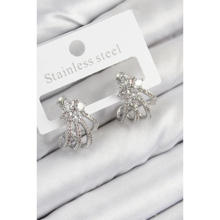 HEYF Pirinç Zirkon Taşlı Model Gümüş Renk Kadın Küpe