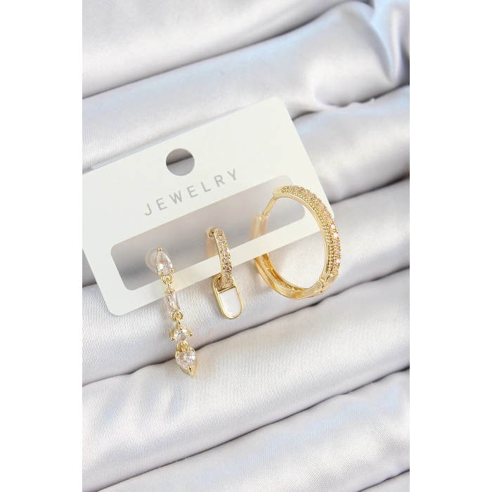 HEYF Pirinç Zirkon Taşlı Sallantılı Model Gold Renk 3lü Çift Kadın Küpe Set