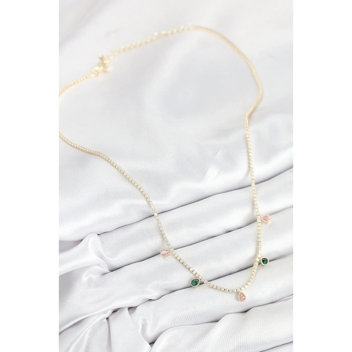 HEYF Pirinç Zirkon Taşlı Su Yolu Damla Model Gold Renk Kadın Kolye