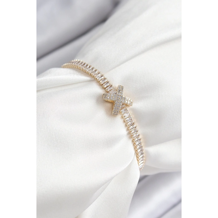 HEYF Pirinç Zirkon Taşlı X Detaylı Su Yolu Model Gold Renk Asansörlü Kadın Bileklik