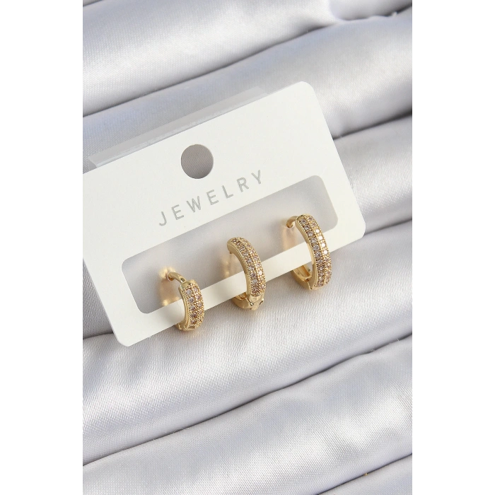 HEYF Pirinç Zirkon Taşlı Yıldız Model Gold Renk 3lü Çift Kadın Küpe Set