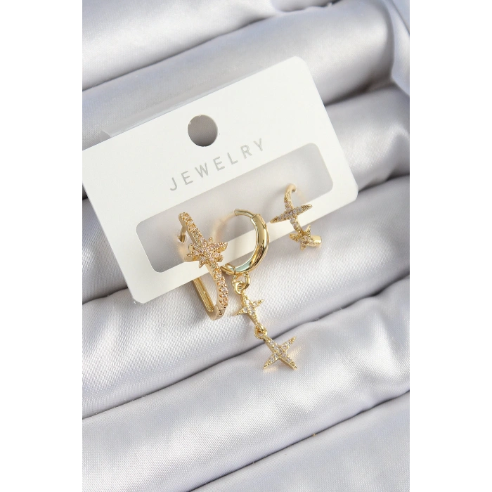 HEYF Pirinç Zirkon Taşlı Yıldız Model Gold Renk 3lü Çift Kadın Küpe Set