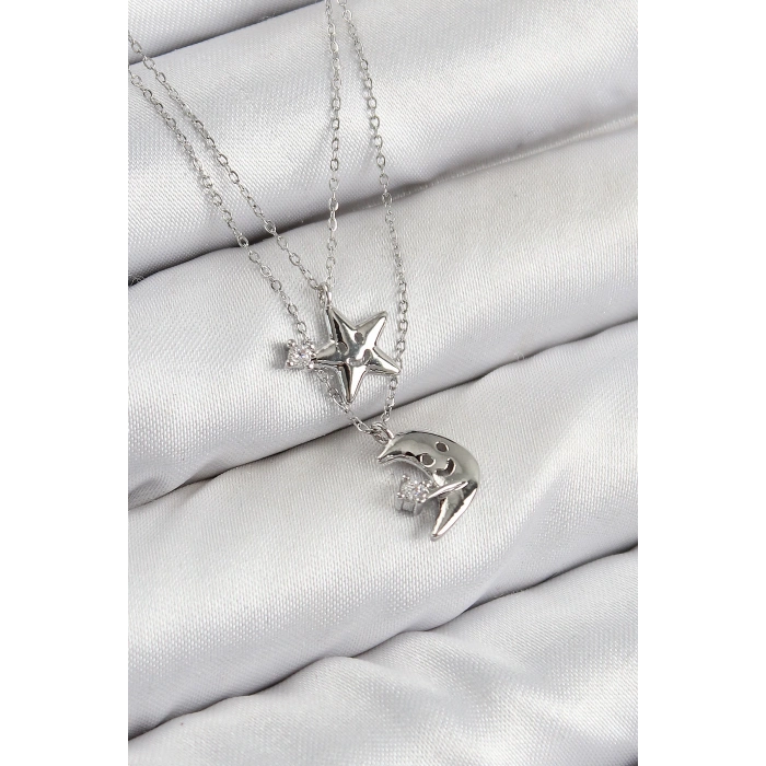 HEYF Pirinç Zirkon Taşlı Yıldız Ve Ay Model Gümüş Renk Kadın Kolye