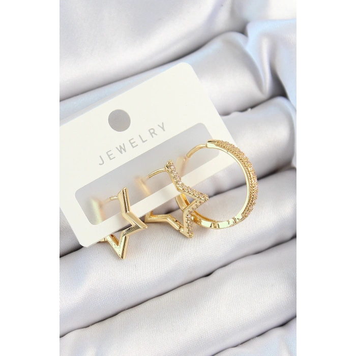 HEYF Pirinç Zirkon Taşlı Yıldız Ve Halka Model Gold Renk 3lü Çift Kadın Küpe Set