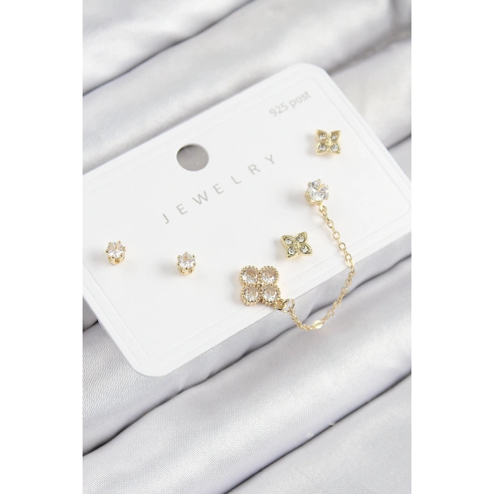 HEYF Pirinç Zirkon Taşlı Yonca Model Gold Renk 925 Ayar Gümüş Çivi Kadın Küpe Set