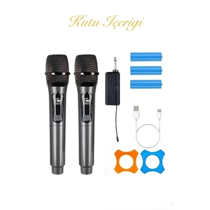 HEYF Profesyonel Çiftli Kablosuz Mikrofon Seti Karaoke Şarj Edilebilir 50 Metre