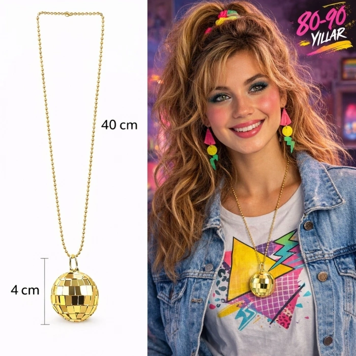 HEYF Retro Disko Topu Şekilli 8039ler 9039lar Altın Renk Plastik Kolye