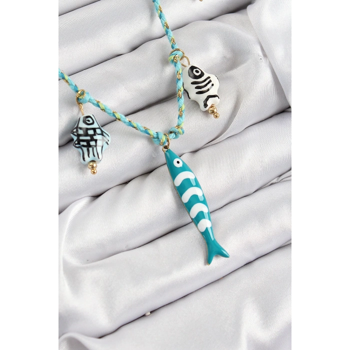 HEYF Seramik Motifli Balık Figürlü Model Mavi İp Kadın Kolye