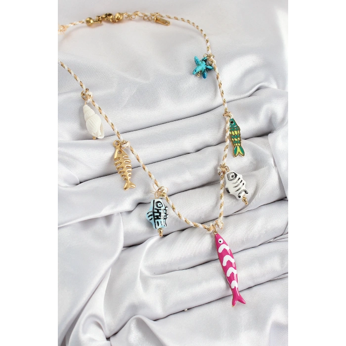 HEYF Seramik Motifli Pembe Balık Figürlü Model Krem İp Kadın Kolye