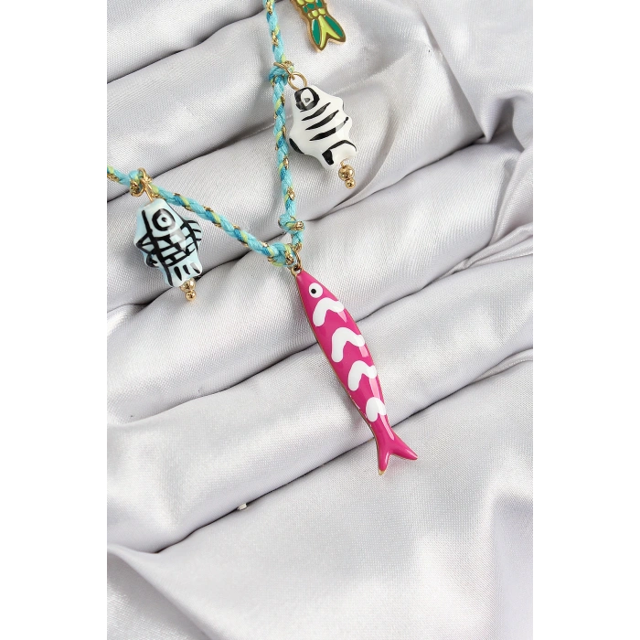 HEYF Seramik Motifli Pembe Balık Figürlü Model Mavi İp Kadın Kolye