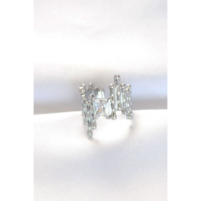 HEYF Silver Renk Tırtıklı Kalın Baget Taş Tasarım Ayarlanabilir Yüzük