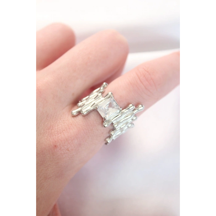 HEYF Silver Renk Tırtıklı Kalın Baget Taş Tasarım Ayarlanabilir Yüzük