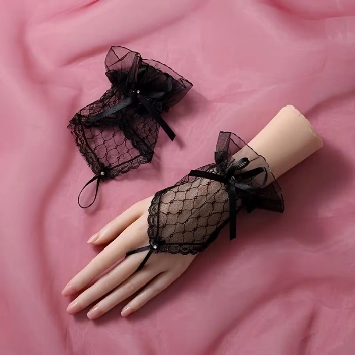 HEYF Siyah Dantel Fiyonklu Parmak Halkalı Kadın Eldiveni