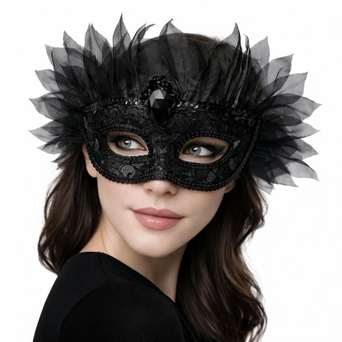 HEYF Siyah Taşlı Venedik Maskesi Lüks Tüllü Parti Maskesi