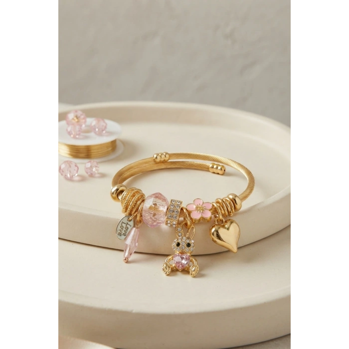 HEYF Tavşan Model Gold Renk Pembe Charmlı Bileklik