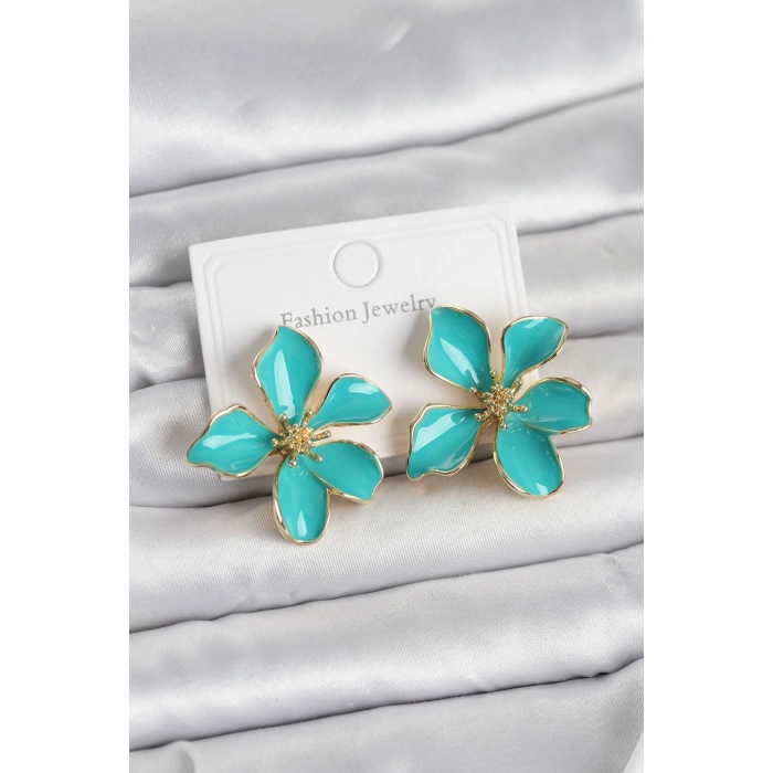HEYF Turkuaz Mineli Çiçek Model Pirinç Kadın Küpe