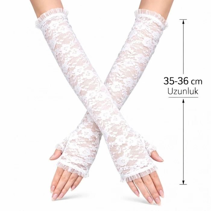 HEYF Uzun Zarif Dantel Eldiven Parmaksız Beyaz 35 Cm
