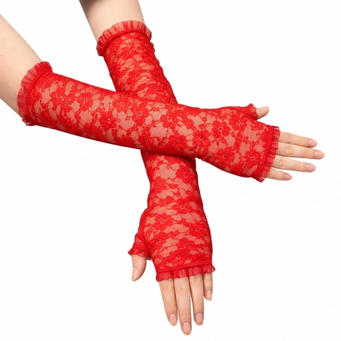 HEYF Uzun Zarif Dantel Eldiven Parmaksız Kırmızı 35 Cm