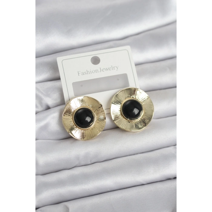 HEYF Vintage Model Siyah Gold Renk Pirinç Kadın Küpe