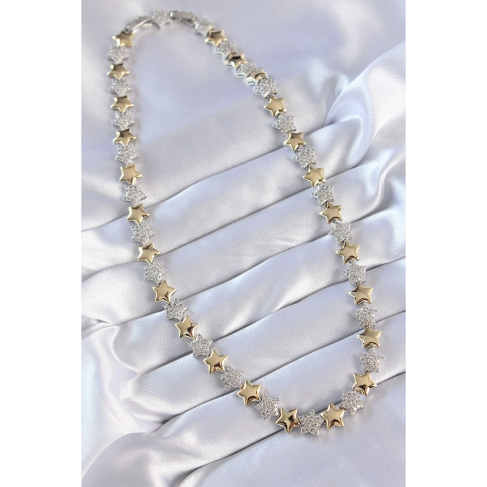 HEYF Vip Seri Pirinç Çift Renk Zirkon Taşlı Yıldız Tasarımlı Kolye