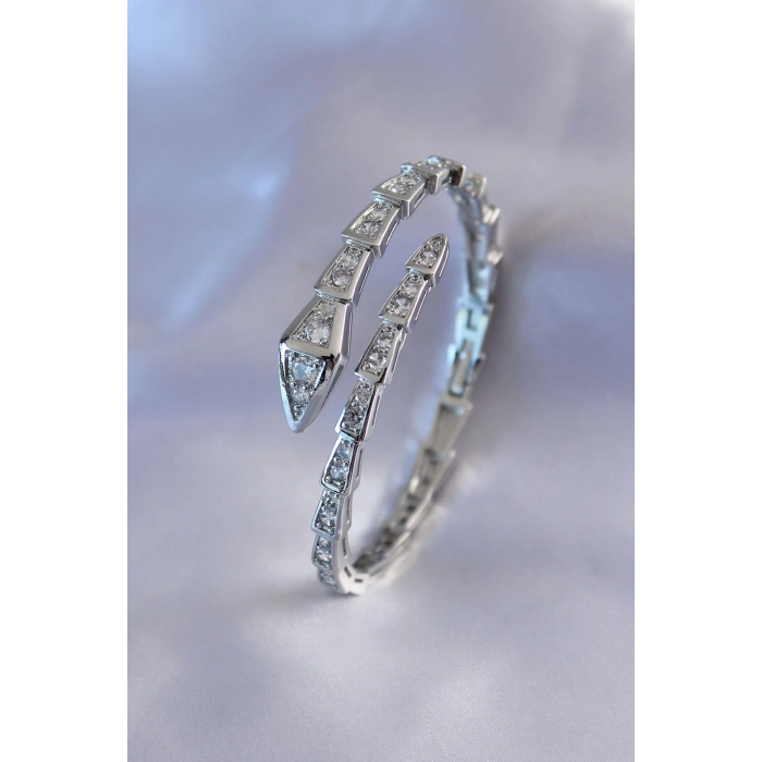 HEYF VIP Seri Yılan Model Gümüş Renk Kadın Kelepçe Bileklik