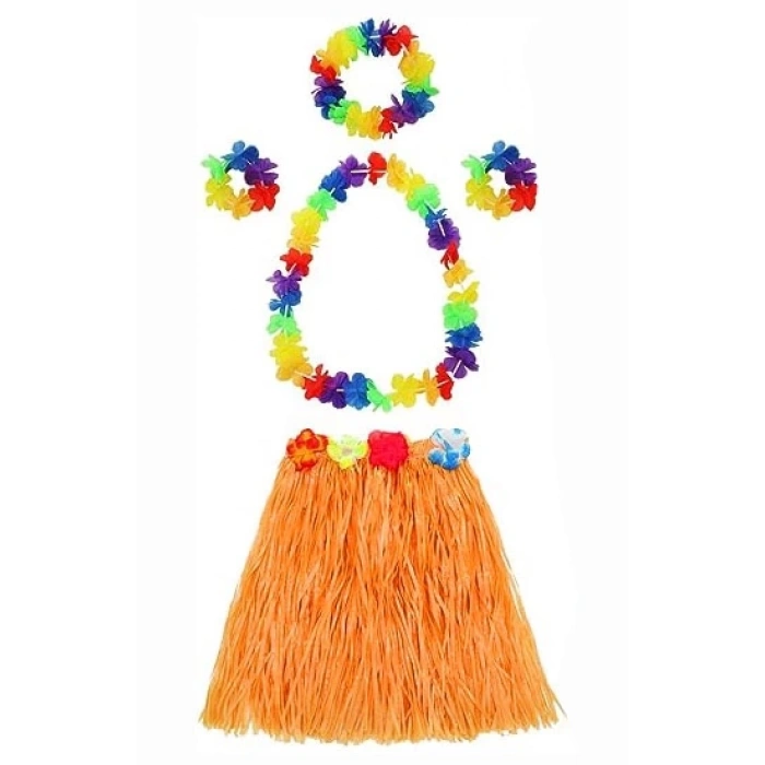 HEYF Yetişkin Ve Çocuk Uyumlu Luau Aloha Hawaii Turuncu Etek Ve Renkli Kolye Taç 2 Adet Bileklik Seti