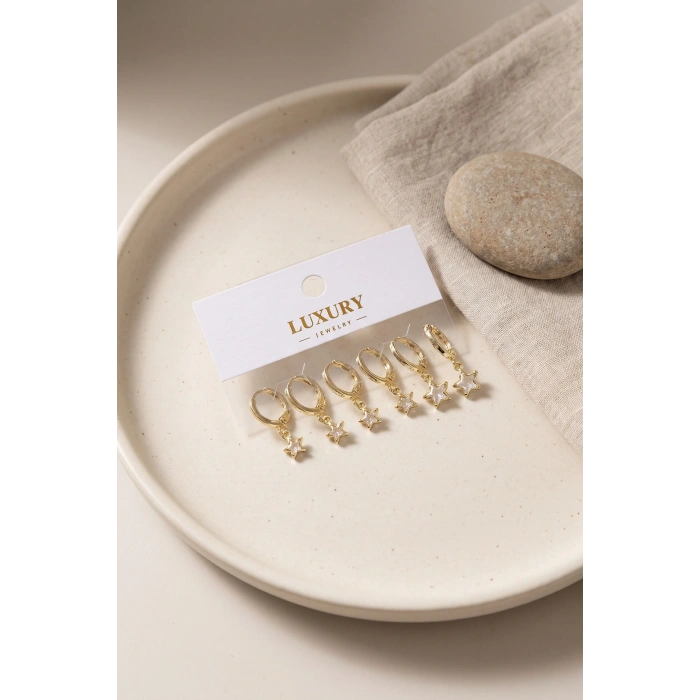 HEYF Yıldız Zirkon Taşlı Gold Renk Pirinç Set Küpe