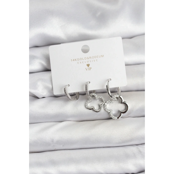 HEYF Yonca Model Gümüş Renk Pirinç 3lü Kadın Küpe Seti