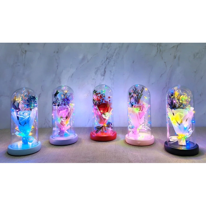 Işıklı Müzikli Cam Fanus İçinde Lavantalı Romantik Gül