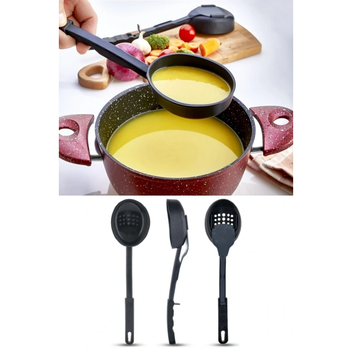 Isıya Dayanıklı 3 İn 1 Servis Kepçesi - Kepçe Kevgir Kaşık 3&#39;ü Bir Arada Servis Seti