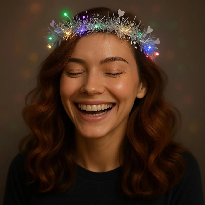 Kalp Püsküllü Gece Parıltısı 3 Modlu Led&#39;li Işıklı Taç Gümüş Renk