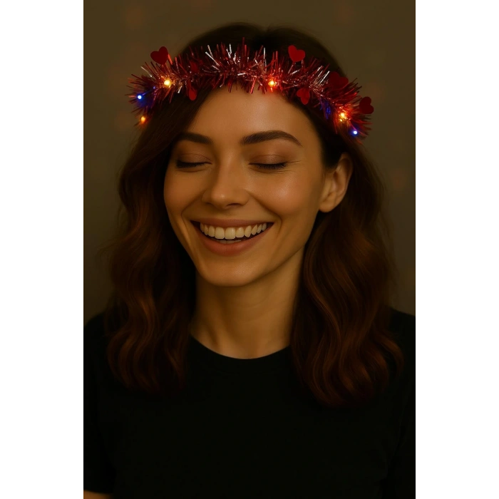 Kalp Püsküllü Gece Parıltısı 3 Modlu Led&#39;li Işıklı Taç Kırmızı Renk