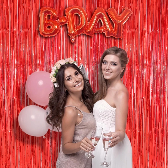 HEYF Kırmızı Renk Ekstra Metalize Parlak Saçaklı Arka Fon Perde İthal A Kalite 1x2 Metre