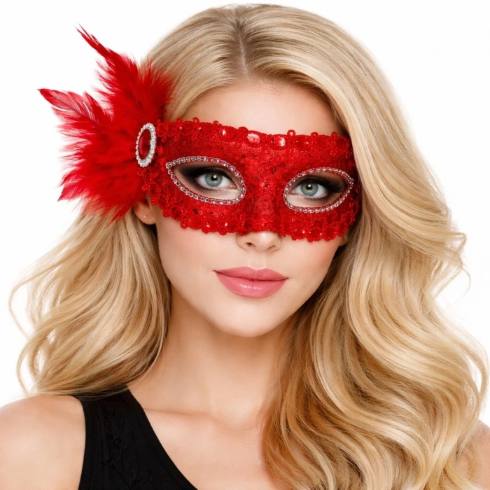 Kırmızı Taşlı Venedik Parti Maskesi – Tüylü Payetli