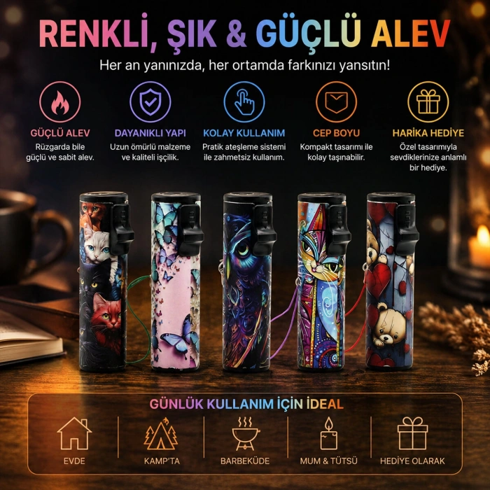 LED Işıklı Rüzgar Çakmağı - Karışık Desenli - İpli
