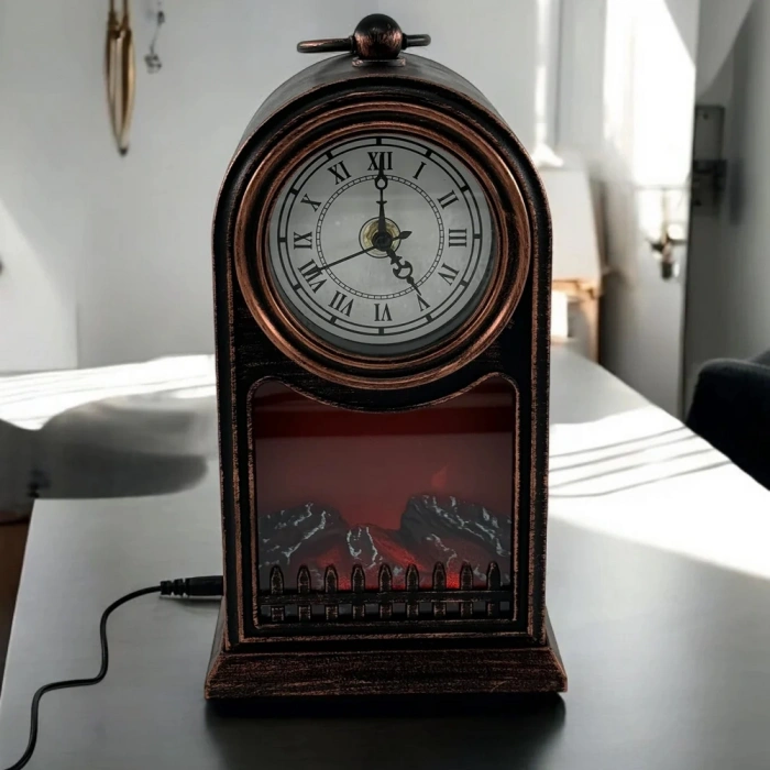 LED Işıklı Siyah Eskitme Şömine Saat