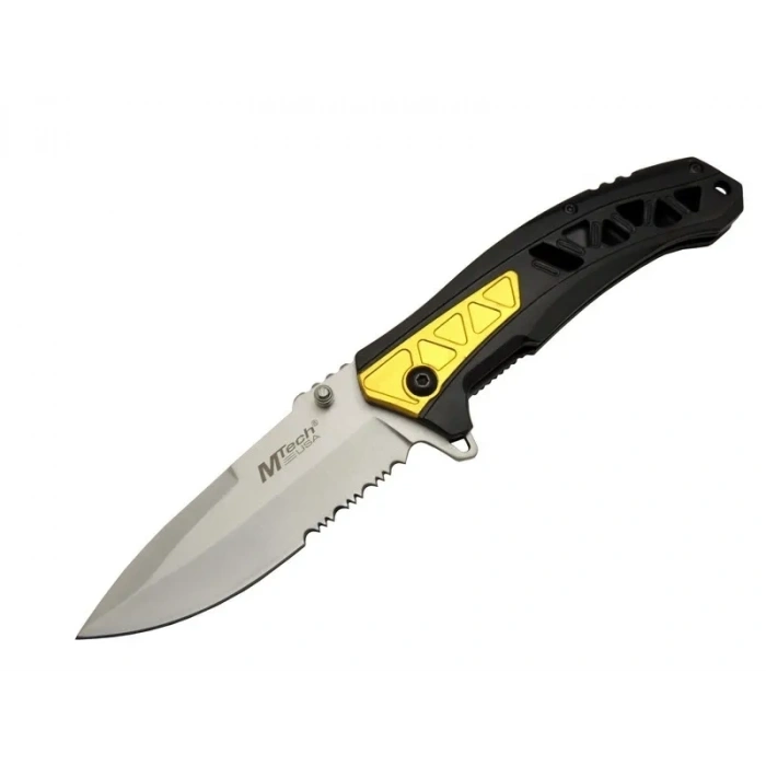 Mtech 4191 Sarı Kamp Çakı 21cm - Yarı Otomatik, Kemerlikli, Testere Detaylı, Desenli Sap
