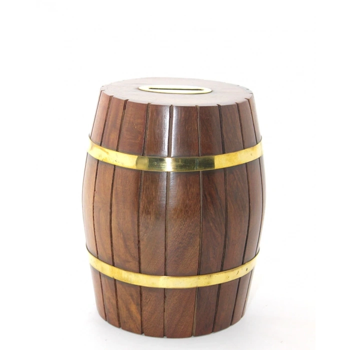 HEYF Pirinç Ahşap Fıçı Kumbara 15 Cm Wb538